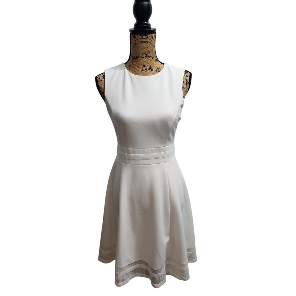 Calvin Klein Elegant White Fit & Flare Dress with Striped Details Size 6